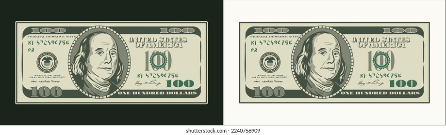 Amerikanischer 100-Dollar-Banknote mit vorn obverser Seite. Vorderseite. Bargeld. Vektorgrafik