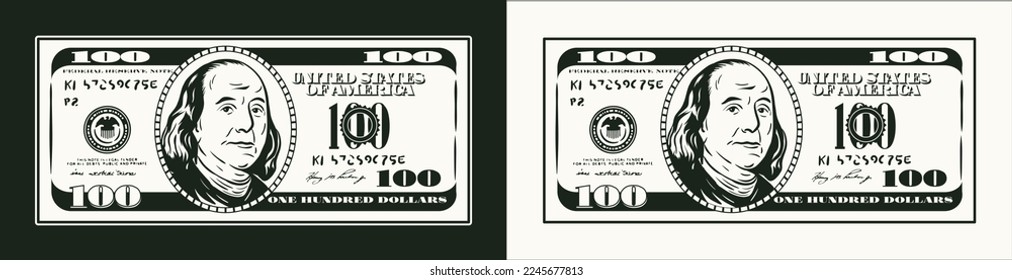 American 100 dollar banknote with front obverse side. Front view. Cash money Monochrome black and white illustration