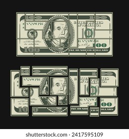 American 100 dollar banknote with front obverse side. Front view. Dollar note divided into parts like puzzle. Vintage illustration for business concepts, ideas.