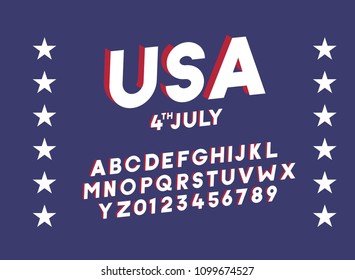 American 3d block alphabet. Vector font for united states of america related concepts - 4th july, veterans day, memorial day. Web banners, posters, titles and headlines, merchandise.