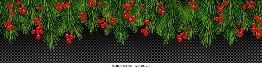 American 3d holly with pine tree vector border decor. Isolated Christmas holiday frame with realistic evergreen twig and berries winter design. Concept template for seasonal festive illustration.