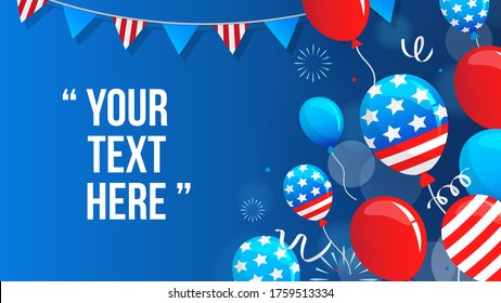 
American 4th of July celebration background vector illustration. Balloons, confetti and decoration on blue background