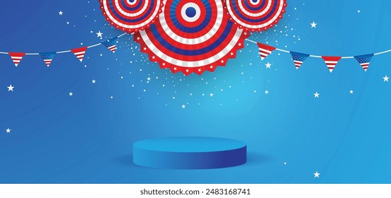 American 4th July celebration Independence Day background products display podium. 4th July Social media background design with the paper fan and product showcase. 4th realistic background.