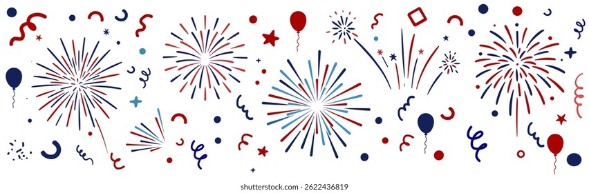 American 4th of July design with red and blue firework confetti display and cheerful greeting text, ideal for use in Independence Day event flyers, social posts, and web content