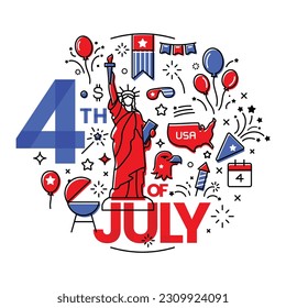 American 4th of juli unabhängiger Tag in Verbindung mit modernen Web-Banner Design Linie Stil mit usa Elementen. Vektordesign.