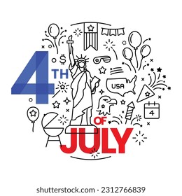 American 4th of July Unabhängigkeit Tag bezogen auf moderne Web-Banner Design Linie Stil mit US-Elementen. Vektordesign.