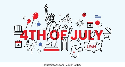 American 4. Juli Unabhängigkeitstag steht im Zusammenhang mit der modernen Banner Design Linie Stil Illustration, die aus usa Elementen besteht. Vektordesign.