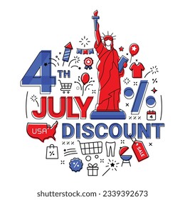 American 4th of july Unabhängigkeitstag Discount Deal in Bezug auf moderne Web-Banner Design Linie Stil Illustration mit usa Elementen. Vektordesign.