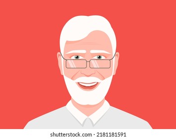 American Active Old Man Vector Illustration. Gray Haired Older Man With Eyeglasses Avatar. Smiling Male High Age Poster. Elderly Positive Face Emotions. Happy Man Face Icon. Freelancing In Retirement