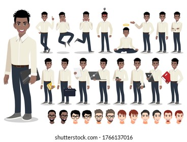 American African businessman cartoon character set. Handsome business man in office style smart shirt . Vector illustration