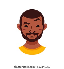 American African men facial expression isolated icon. Cute color vector illustration of beard black guy face showing  emotion  smiling
  in flat style.