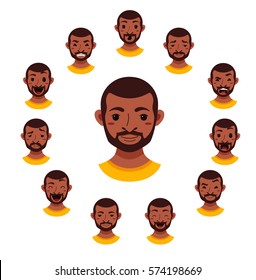 American African men facial expression isolated icons. Cute color vector illustration of beard black guy faces avatars showing different emotions: smiling, sad, surprised, laugh happy in flat style.