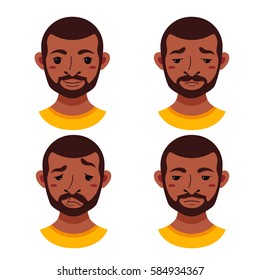 American African men facial expression isolated icons. Cute color vector illustration of beard black guy faces avatars showing different emotions: smiling, sad, surprised, laugh happy in flat style.