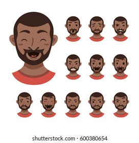 American African men facial expression isolated icons. Cute color vector illustration of beard black guy faces avatars showing different emotions: smiling, sad, surprised, laugh happy in flat style.