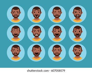 American African men facial expression isolated icons. Cute color vector illustration of beard black guy faces avatars showing different emotions: smiling, sad, surprised, laugh happy in flat style.