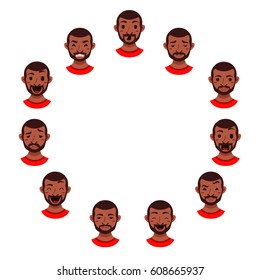 American African men facial expression isolated icons. Cute color vector illustration of beard black guy faces avatars showing different emotions: smiling, sad, surprised, laugh happy in flat style.