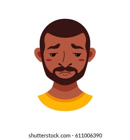 American African men facial expression isolated icon. Cute color vector illustration of beard black guy face avatar sad in flat style.