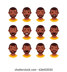 American African men facial expression isolated icons. Cute color vector illustration of beard black guy faces avatars showing different emotions: smiling, sad, surprised, laugh happy in flat style.