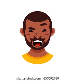 American African men facial expression isolated icons. Cute color vector illustration of beard black guy faces avatars showing different emotions: smiling, sad, surprised, laugh happy in flat style.