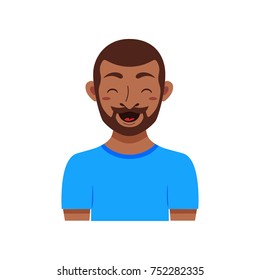 American African men facial expression isolated icons. Cute color vector illustration of beard black guy faces avatars showing different emotions: smiling, sad, surprised, laugh happy in flat style.