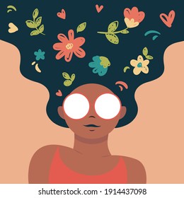 American afro girl with loose hair and glasses. Flowers in her hair, plump.