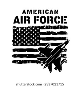 Ilustración vectorial de la fuerza aérea estadounidense en estilo monocromo con la bandera de los Estados Unidos y aviones de combate aislados en blanco