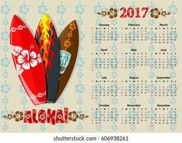 American Aloha vector calendar 2017 with surf boards, starting from Sundays