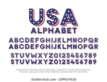 American Alphabet With Usa Flag Colors And Star Shapes. Vector Font For United States Of America Related Concepts - 4th July, Veterans Day, Memorial Day. Web Banners, Posters, Headlines, Merchandise.