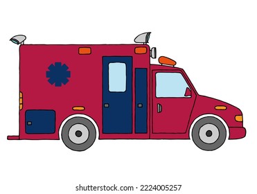 American ambulance in the colors of the American flag. Freehand drawing. Doodle. Hand Drawn. Outline.