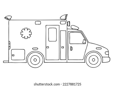 ambulancia americana con los colores de la bandera estadounidense. Dibujo a mano libre. Doodle. Mano Cortada. Esquema.	Libro de colorear.