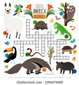 Crucigrama de animales estadounidenses. Niños sudamericanos cruzan el juego de puzzle de búsqueda de palabras con llama y toucan, hormiga y pereza, ilustración vectorial