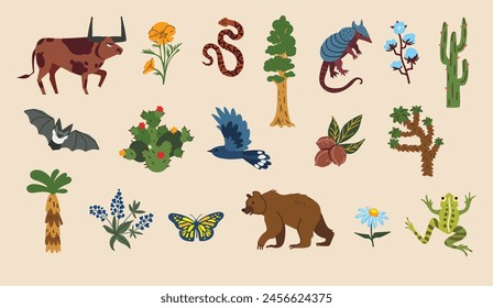 American animals and plants. Vector clipart collection. 