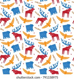 American animals seamless pattern. Vector silhouette of an eagle, bear, elk, fish