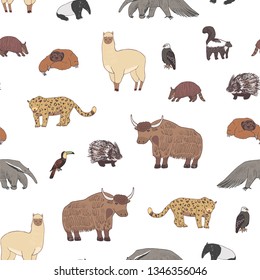 American animals seamless vector hand drawn pattern