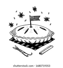 American apple pie. Doodle black and white vector illustration objects isolated