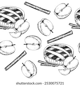 Pastel de manzana americana con manzanas frescas y palos de canela patrón transparente de tinta. Fondo dibujado a mano con comida dulce de acción de gracias y especias para el embalaje del producto, etiqueta, diseño. Mercado de frutas, decoración de carteles