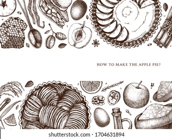 American apple pie and pear cooking process banner. Hand drawn baking cakes, pies, ingredients design. Homemade fruits dessert recipe book template. Top view illustration for food delivery, cafe menu.