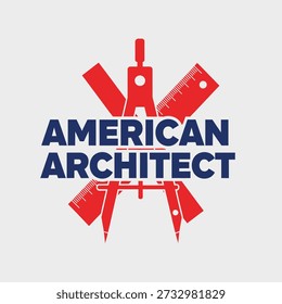 Ilustración vectorial de diseño de tipografía de herramientas de arquitecto estadounidense para la profesión de construcción patriótica y la carrera de diseño de construcción sobre fondo transparente.