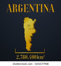 American Argentina golden 3d solid country outline silhouette, realistic piece of world map template, for infographic, vector illustration, isolated object, background. From countries set