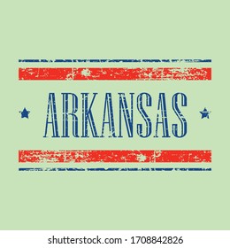 American Arkansas state text design. Grunge texture with red and blue colors / stars. United States of America USA theme.