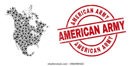 American Army scratched seal, and North America v2 map mosaic of air force elements. Collage North America v2 map designed with air planes. Red imprint with American Army text,