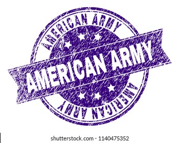 AMERICAN ARMY stamp seal watermark with grunge texture. Designed with ribbon and circles. Violet vector rubber print of AMERICAN ARMY text with grunge texture.