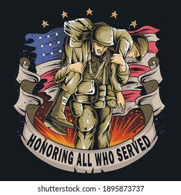 American Army veterans holding friends during war, designed to commemorate Veterans Day, Memorial Day, and Independence Day. vector