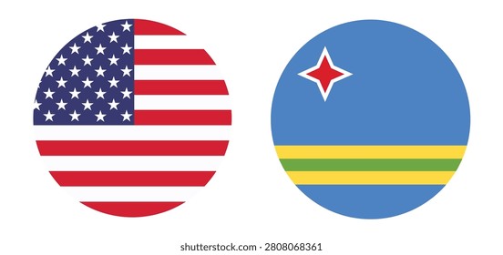 American and Aruban flags, side by side, circular icons