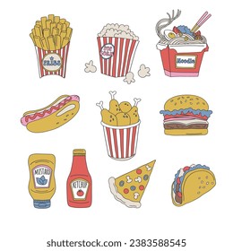 American Asian fast food restaurant burger hot dog pizza tacos french fries noodle vector illustration set isolated on white. Groovy food print collection.