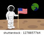 American astronaut lending on moon and hold flag of USA in his hand. Vector illustration.