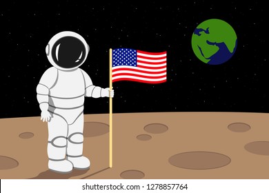 American astronaut lending on moon and hold flag of USA in his hand. Vector illustration.