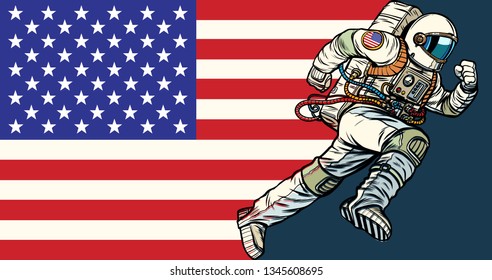 American astronaut patriot runs forward. USA flag. Pop art retro vector illustration vintage kitsch