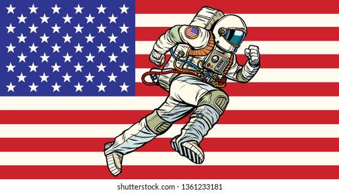 American astronaut patriot runs forward. USA flag. Pop art retro vector illustration vintage kitsch