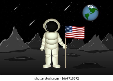 American astronaut stand on planet Mars and hold flag of USA. Vector illustration.